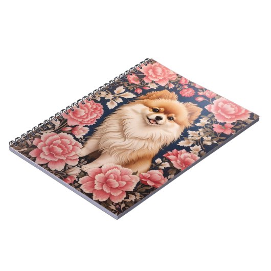 かわいいポメラニア犬ドッグピンクフローラ ノートブック (左側)