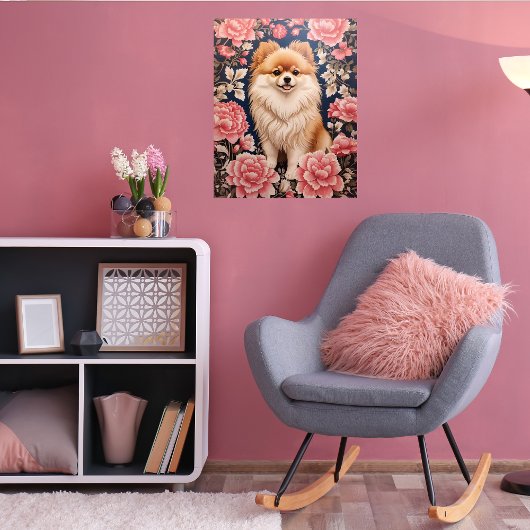 かわいいポメラニア犬ドッグピンクフローラ ポスター