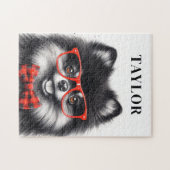 かわいいポメラニア犬レッドおたくグラス名前をカスタムする ジグソーパズル (横)