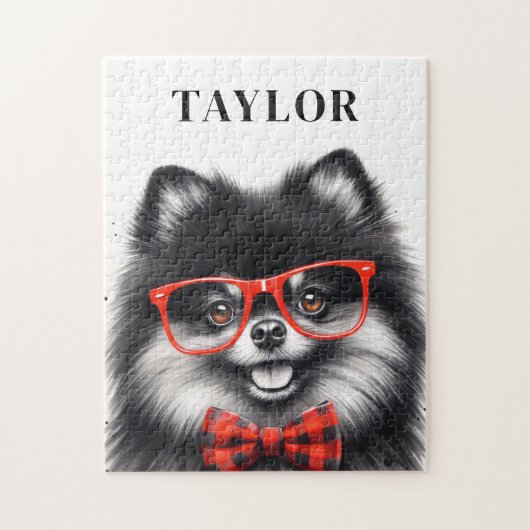 かわいいポメラニア犬レッドおたくグラス名前をカスタムする ジグソーパズル (縦)