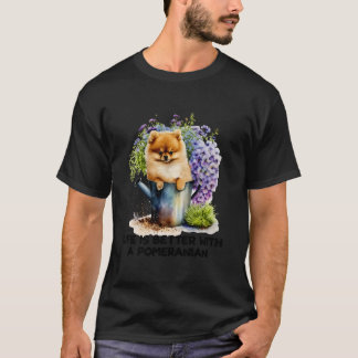 かわいいポメラニア犬子犬の花の生活は良い Tシャツ