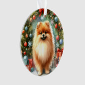 かわいいポメラニア犬水彩フェスティバルクリスマス オーナメント (正面)