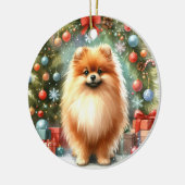 かわいいポメラニア犬水彩フェスティバルクリスマス セラミックオーナメント (左)