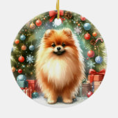 かわいいポメラニア犬水彩フェスティバルクリスマス セラミックオーナメント (裏面)