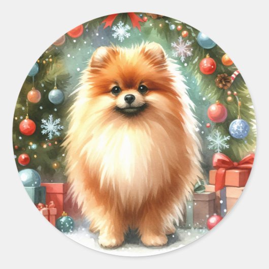 かわいいポメラニア犬水彩フェスティバルクリスマス ラウンドシール (正面)