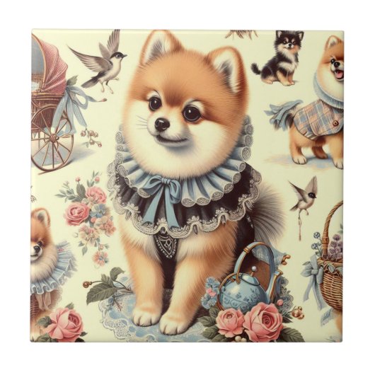 かわいいポメラニア犬絵を描ズ タイル (正面)