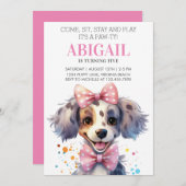 かわいいポーティパピードッグピンクペット子供の誕生日パーティー 招待状 (正面/裏面)