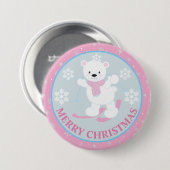 かわいいポーラベアとピンクの雪の結晶のクリスマス 缶バッジ (正面&裏面)