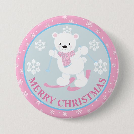 かわいいポーラベアとピンクの雪の結晶のクリスマス 缶バッジ (正面)