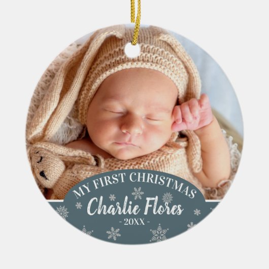 かわいいマイ初めてのクリスマスベビー写真、名前&年 セラミックオーナメント (正面)