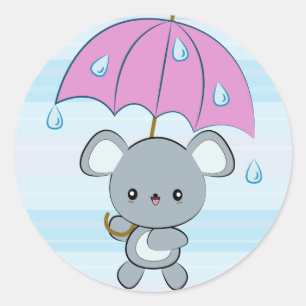 かわいいマウスおよび傘の雨の日のステッカー ラウンドシール