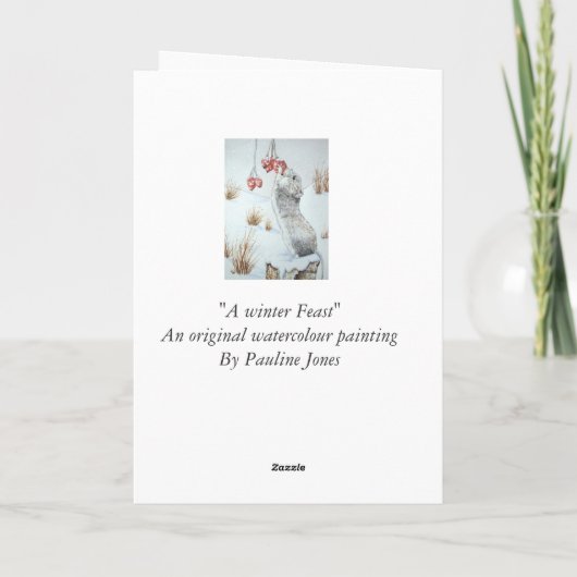 かわいいマウスおよび赤い果実の雪場面野性生物の芸術 シーズンカード (裏面)