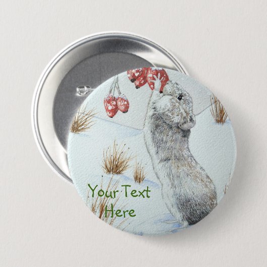 かわいいマウスおよび赤い果実の雪場面野性生物の芸術 缶バッジ (正面&裏面)