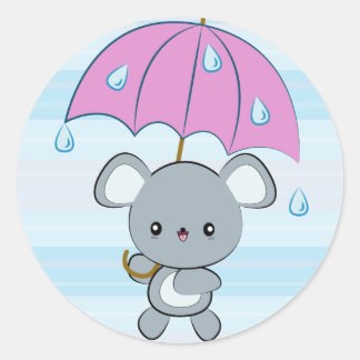 かわいいマウスと傘の雨の日シール ラウンドシール