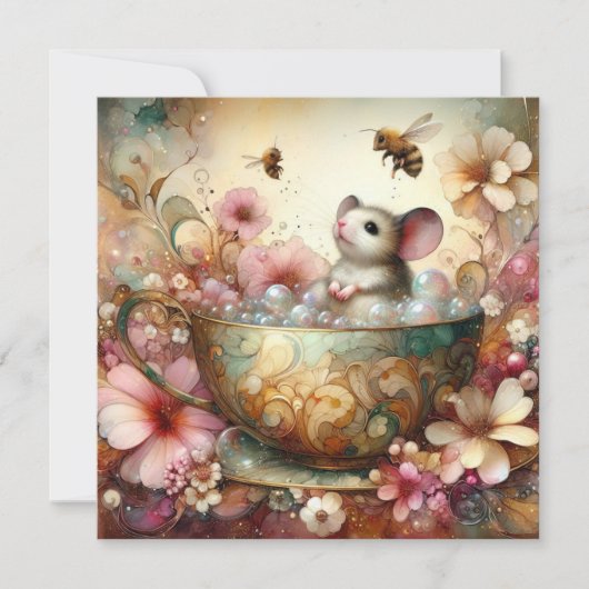 かわいいマウスのティーカップ水色フローラ復活祭 シーズンカード (正面)