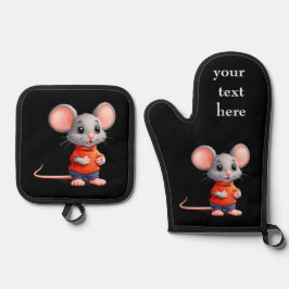 かわいいマウスのパーソナライズ変更文字、名前、写真 鍋つかみ&鍋敷きセット