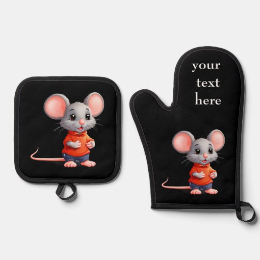 かわいいマウスのパーソナライズ変更文字、名前、写真 鍋つかみ&鍋敷きセット (正面)