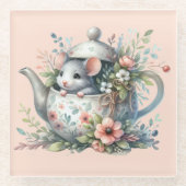 かわいいマウスのフローラティーポットイラストレーション ガラスコースター (正面)