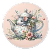 かわいいマウスのフローラティーポットイラストレーション セラミックノブ (正面)