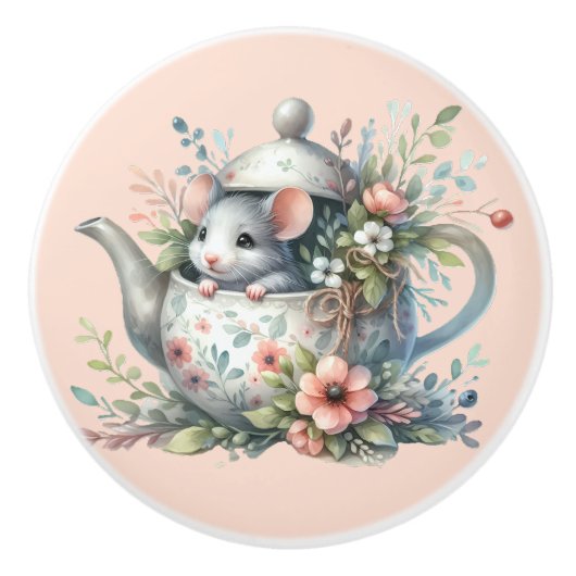 かわいいマウスのフローラティーポットイラストレーション セラミックノブ (正面)