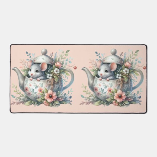 かわいいマウスのフローラティーポットイラストレーション デスクマット (正面)