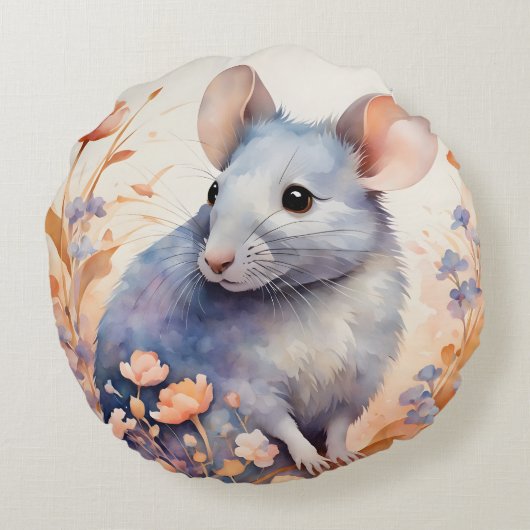 かわいいマウスの水色のイラストレーション ラウンドクッション (裏面)