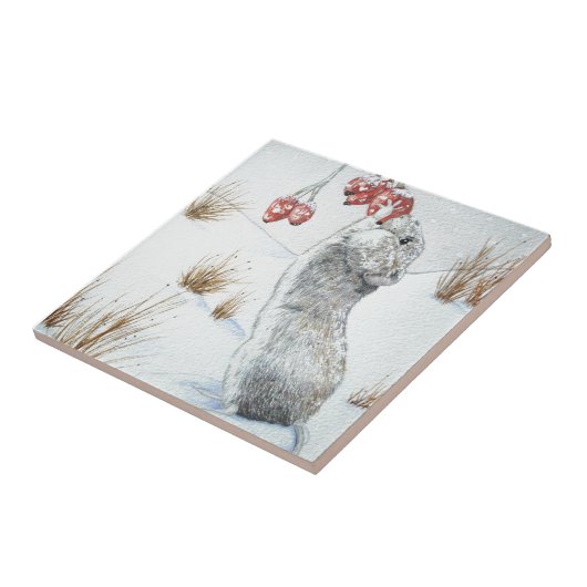 かわいいマウスの赤い果実の雪場面野性生物のデザイン タイル (側面)