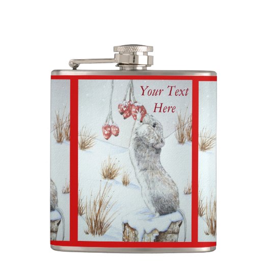 かわいいマウスの赤い果実の雪場面野性生物の芸術 フラスク (正面)