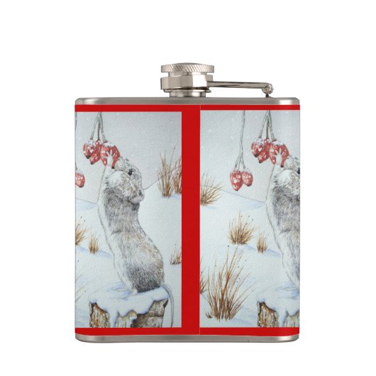 かわいいマウスの赤い果実の雪場面野性生物の芸術 フラスク (裏面)