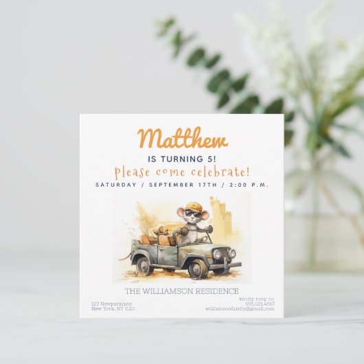 かわいいマウスの車の子供の誕生日パーティの招待状 招待状 (スタンド正面)