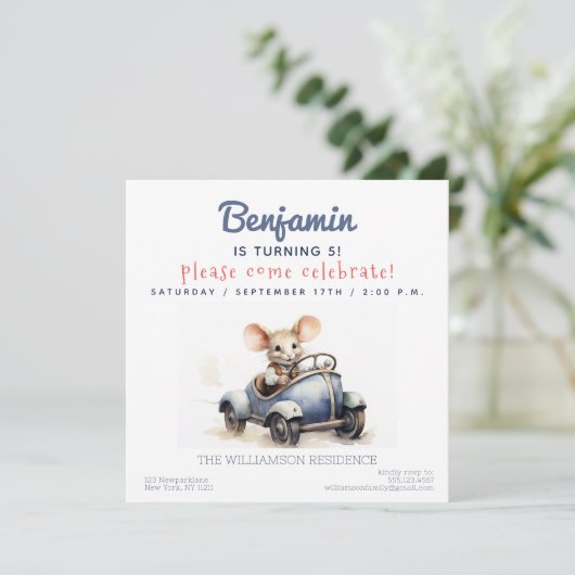 かわいいマウスの車の子供の誕生日パーティの招待状 招待状 (スタンド正面)