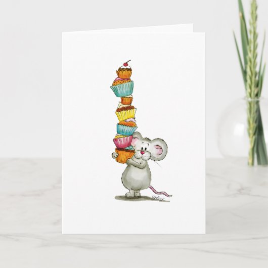 かわいいマウスは-ゲルダSteinerによって…カップケーキを運んでいます サンキューカード (正面)