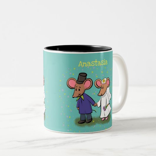 かわいいマウスカップル漫画イラストレーション ツートーンマグカップ (正面右)