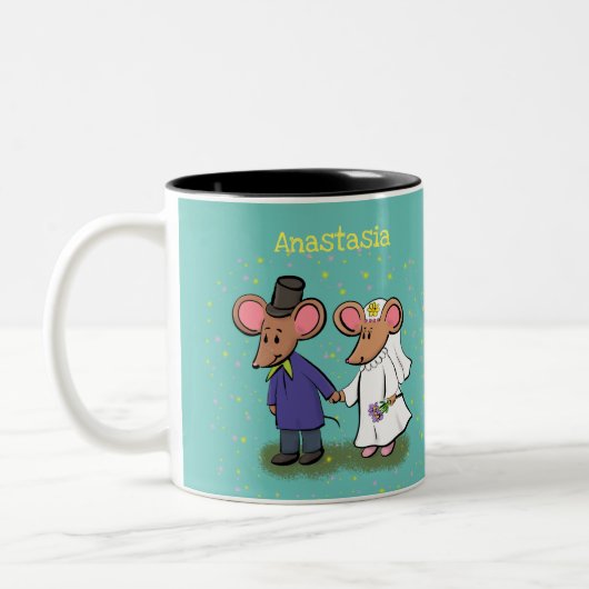 かわいいマウスカップル漫画イラストレーション ツートーンマグカップ (左)