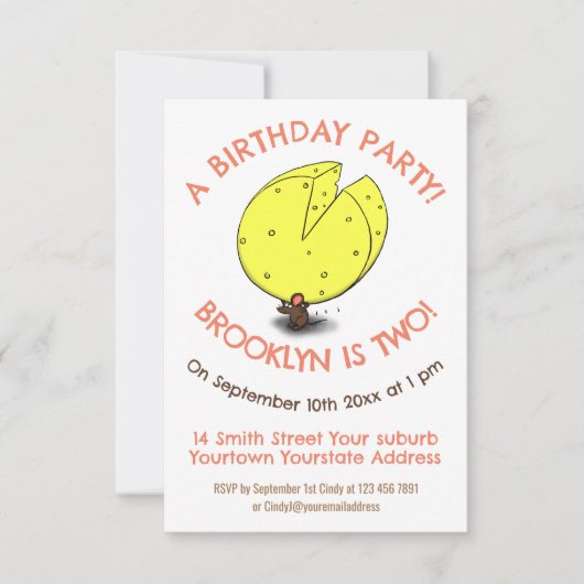 かわいいマウスチーズ誕生日の漫画の招待状 招待状 (正面)