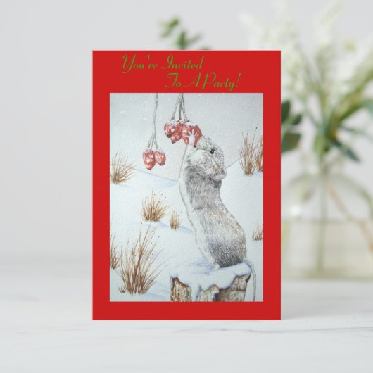かわいいマウスベリー雪のシーン野生動物のクリスマス 招待状 (スタンド正面)