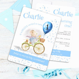 かわいいマウス動物自転車ボーイ1歳パーティー 招待状