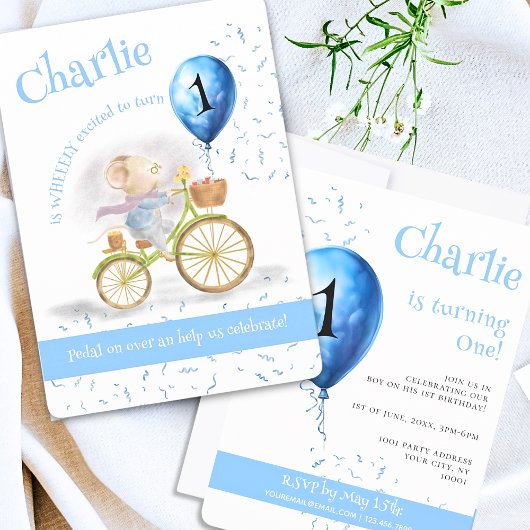 かわいいマウス動物自転車ボーイ1歳パーティー 招待状