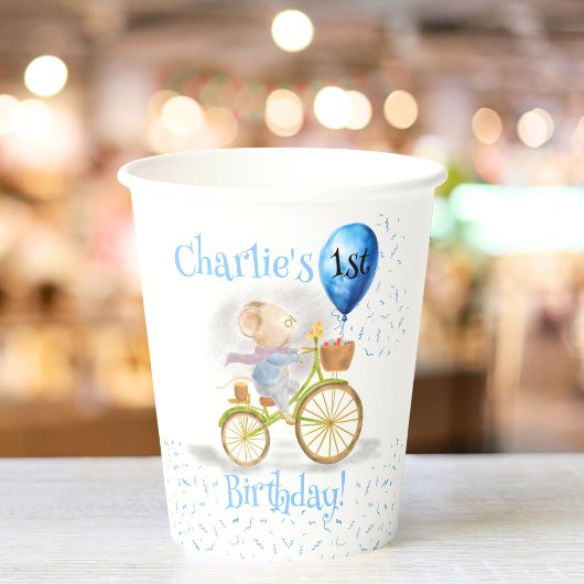 かわいいマウス動物自転車ボーイ1歳パーティー 紙コップ