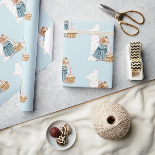 かわいいマウス最初の誕生日ラッピング紙 ラッピングペーパー (クラフト)