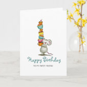 かわいいマウス誕生日カードとカップケーキ付き友人向け カード (黄色い花)