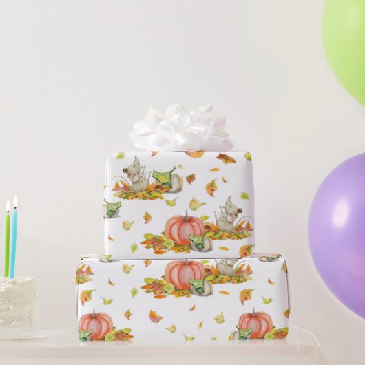 かわいいマウス、カボチャと秋カラフルパターン ラッピングペーパー (パーティーギフト)