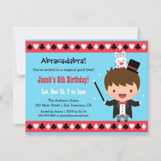 かわいいマジシャン キッズ マジック 誕生日パーティー 招待状 (正面)