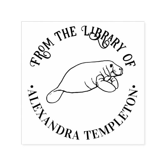 かわいいマナティー 海牛 ラウンド ライブラリー 本の名前 セルフインキングスタンプ (デザイン)