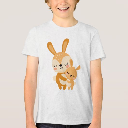かわいいママうさぎが赤ちゃんうさぎを抱っこしているイラスト トライブレンドTシャツ (正面)