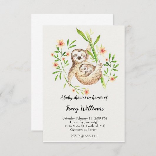 かわいいママとベビーのナマケモノ 招待状 (正面/裏面)