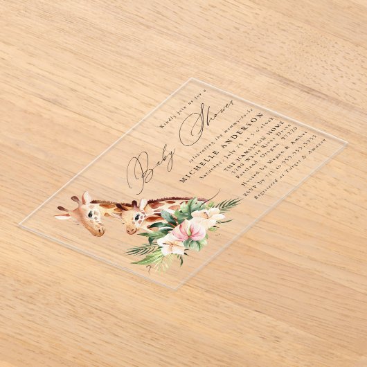 かわいいママとベビーキリン赤ちゃんシャワー アクリル招待状 (レイダウン)