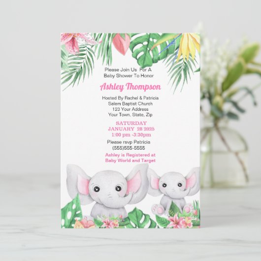 かわいいママとベビーゾウ熱帯赤ちゃんシャワー 招待状 (スタンド正面)