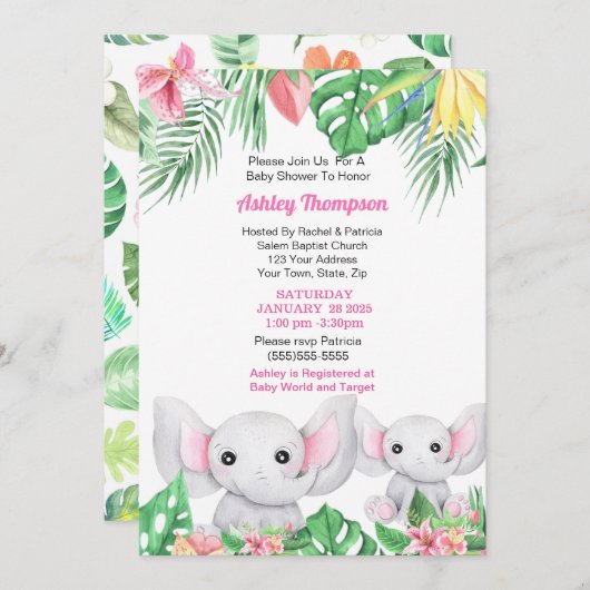 かわいいママとベビーゾウ熱帯赤ちゃんシャワー 招待状 (正面/裏面)