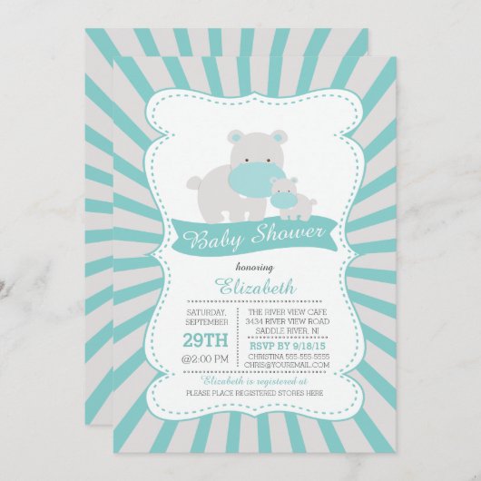 かわいいママとベビーヒッポボーイズ赤ちゃんシャワー 招待状 (正面/裏面)